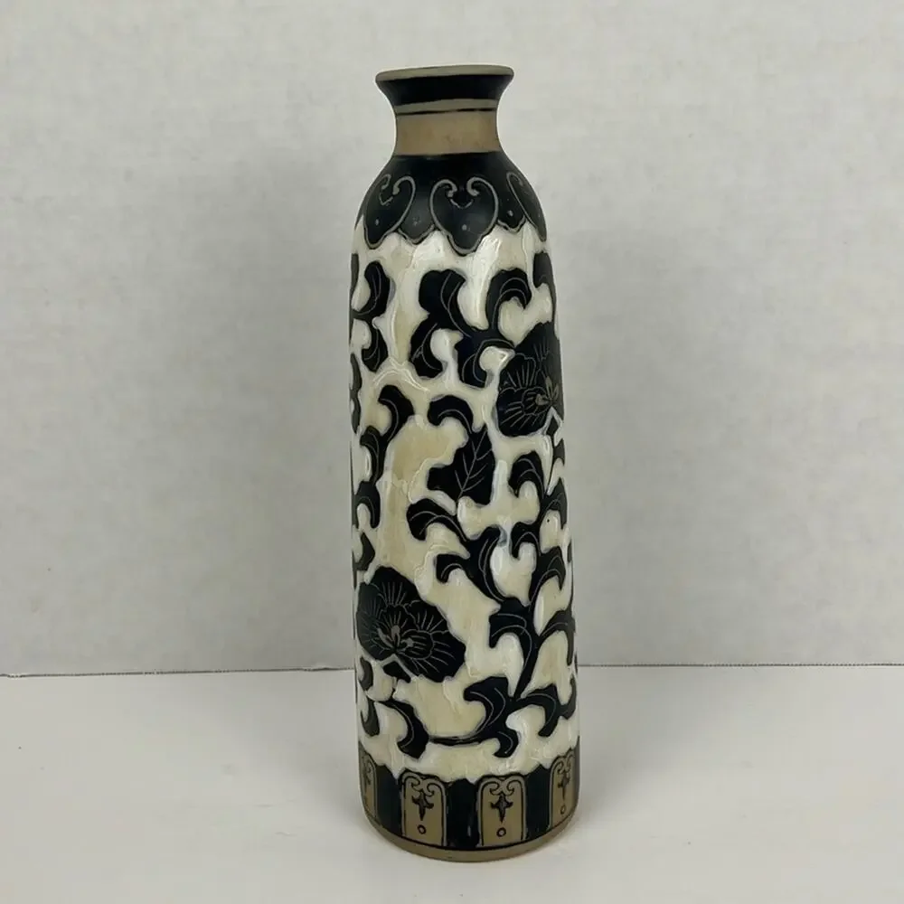 Pottery Vase Floral Vine Black White Tan 12 Inch Decor
